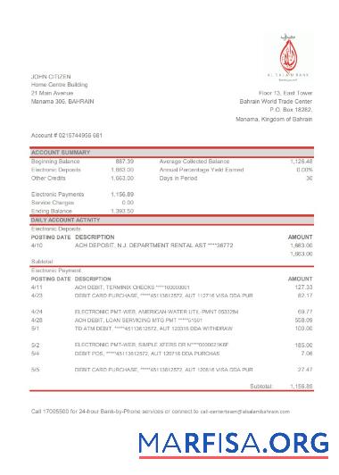 Blank Bahrain Al Salam bank statement excel example